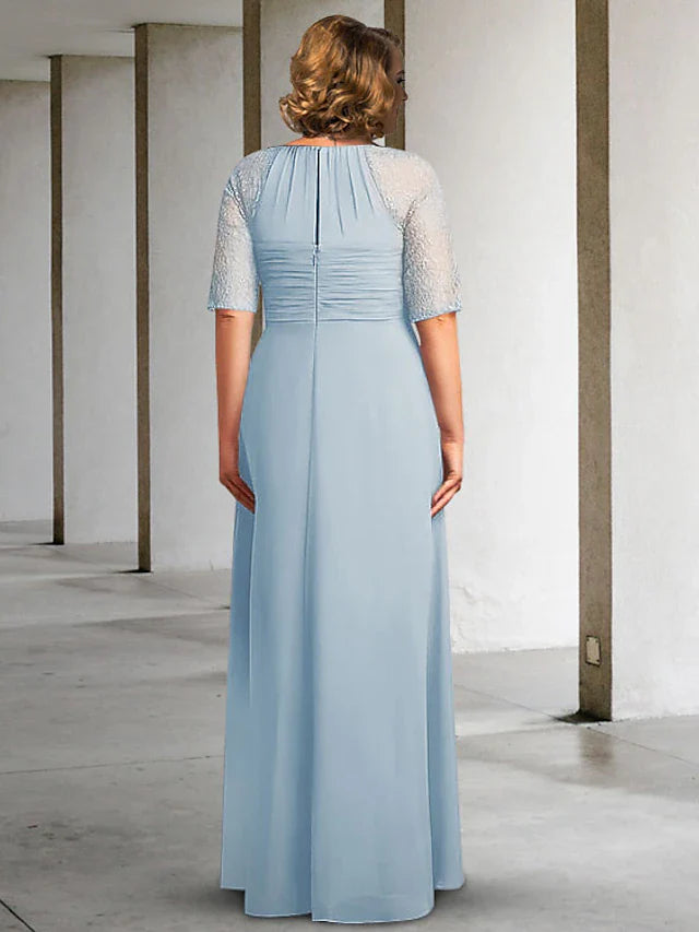 Wholesale A-Line Mother of the Bride Dress Plus Size Elegant Jewel Neck Floor Length Chiffon Lace Half Sleeve with Pleats Ruched Appliques
